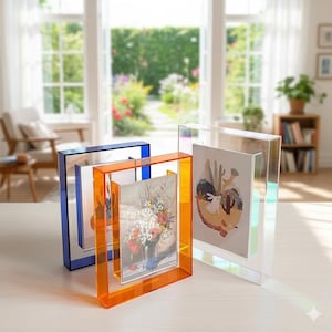 Könnte beinhalten: Drei Acryl-Bilderrahmen in Blau, Orange und Transparent. Jeder Rahmen enthält ein anderes Kunstwerk. Die Rahmen sind rechteckig mit einem modernen, minimalistischen Design. Der Hintergrund zeigt einen hellen Raum mit Blick auf einen Garten.