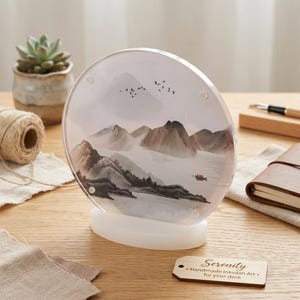 Zen Circular Acrylic Photo Frame – Ink Wash Art Display, Frosted Base Home Decor