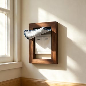 May include: A rectangular dark wood frame surrounds a white double light switch mounted on a wall. A small piece of blue and white patterned fabric is draped over the top edge of the wooden frame, partially covering the upper portion of the switch.