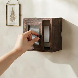 Rustic Wood Wall Outlet Cover Box, Switch Hider with Fluted Glass, Cable Management, No Drill Decorative Storage Box