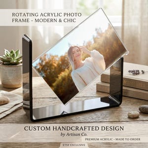 Rotating Acrylic Photo Frame - Modern Black U-Shaped Picture Frame - 360 Degree Swivel Desktop Art Display - Chic Minimalist Home Decor Gift