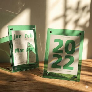 Puede incluir: Dos calendarios de escritorio de acrílico verde. Uno muestra los meses de enero a abril. El otro muestra el año 2022 en grandes números verdes. Ambos tienen el texto "HAVE A CHIC DAY" y "HAVE A CHIC YEAR".