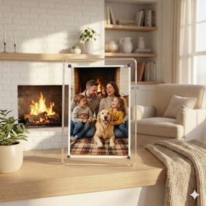 Puede incluir: Un marco de fotos de acrílico transparente que muestra un retrato familiar. La foto muestra a una familia de cuatro con un golden retriever frente a una chimenea. El marco está sobre una superficie de madera, con un ambiente acogedor en el fondo.