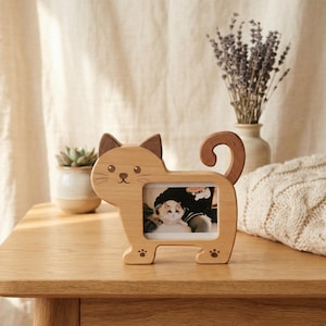 Handmade Wooden Cat Photo Frame, Cute Kitten Picture Holder, Pet Memorial Gift for Cat Mom, Custom Desk Decor, Unique Animal Art Frame