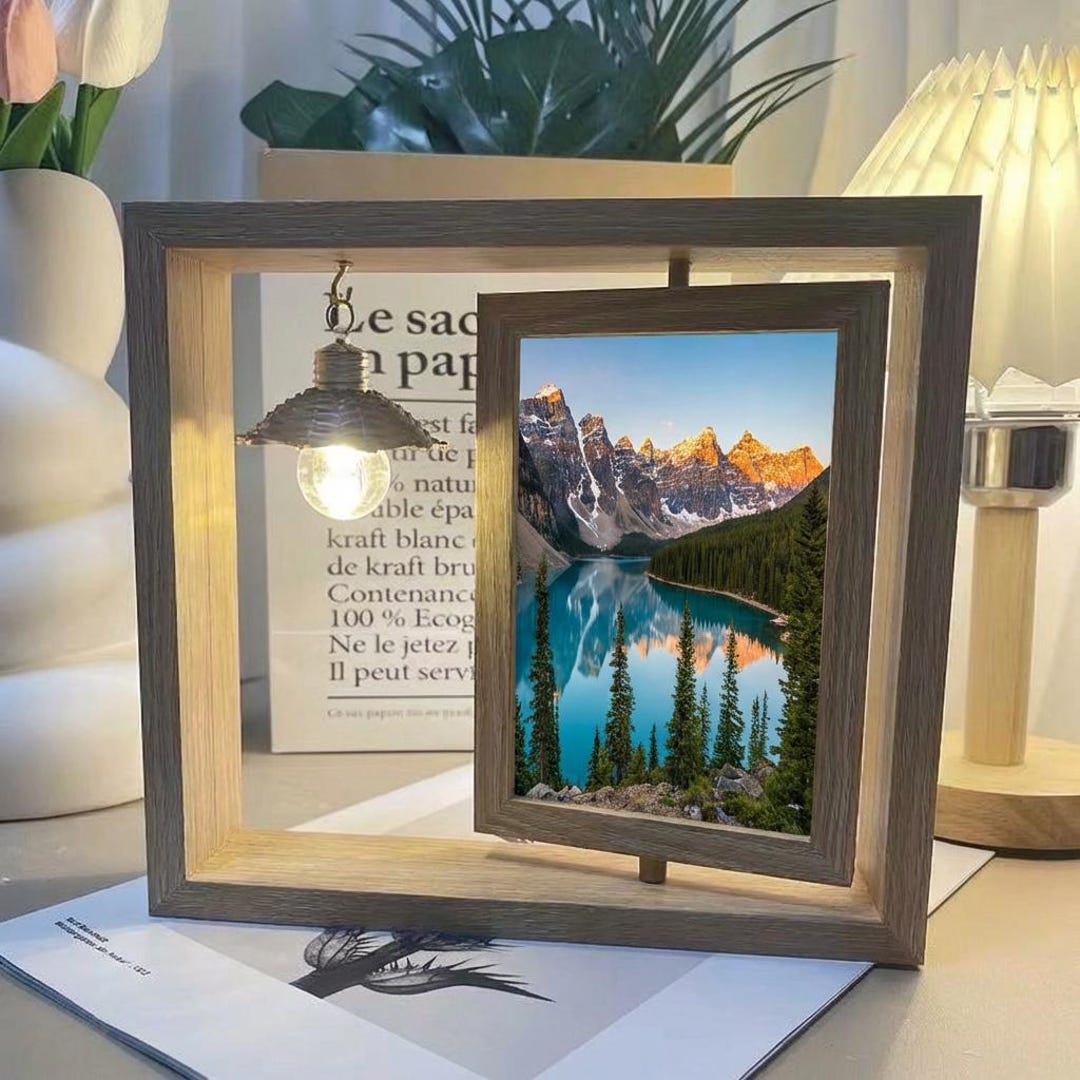 Rotating Wooden Photo Frame With LED Light, Rustic Desk Decor - Etsy