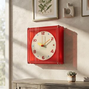 Puede incluir: Un reloj de pared cuadrado con un marco rojo translúcido y una esfera de color crema. El reloj presenta números rojos en las posiciones de las 12, 2, 4, 6, 8 y 10, con pequeños marcadores geométricos azules entre ellos. Tiene una manecilla amarilla.