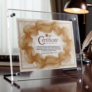 Può includere: Una cornice trasparente in acrilico per certificati con un certificato color oro all'interno. Il certificato presenta la parola "Certificate" in un carattere marrone scuro. La cornice è tenuta insieme da viti color argento.