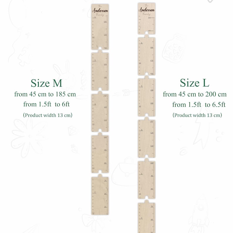 May include: Two wooden growth charts with the text "Anderson Family" at the top. The chart on the left is labelled "Size M" and measures from 45 cm to 185 cm (1.5 ft to 6 ft). The chart on the right is labelled "Size L" and measures from 45 cm to 200 cm (1.5 ft to 6.5 ft).
