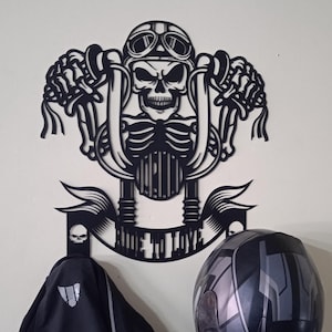 Ride To Love, Motorcycle Skull Metal Helmet Holder, Harley Davidson Gifts, Motorcycle Garage Accessories, Garage Decor, Mancave Decor Sign