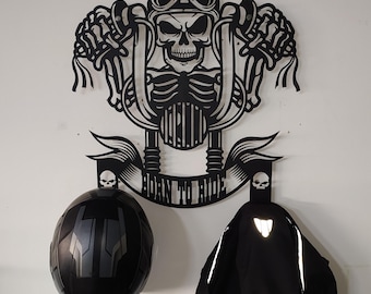 Motorcycle Skull Helmet Holder, Harley Davidson Gifts, Helmet Holder, Coat Jacket Hanger Rack, Garage Decor, Mancave Decor, Born To Ride