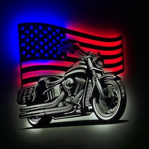 Motorcycle Led Lighted USA Flag, American Flag Wall Decor, Lighted LED Rider Gift, USA Metal Flag, Patriotic Wall Art, Harley Davidson Gift