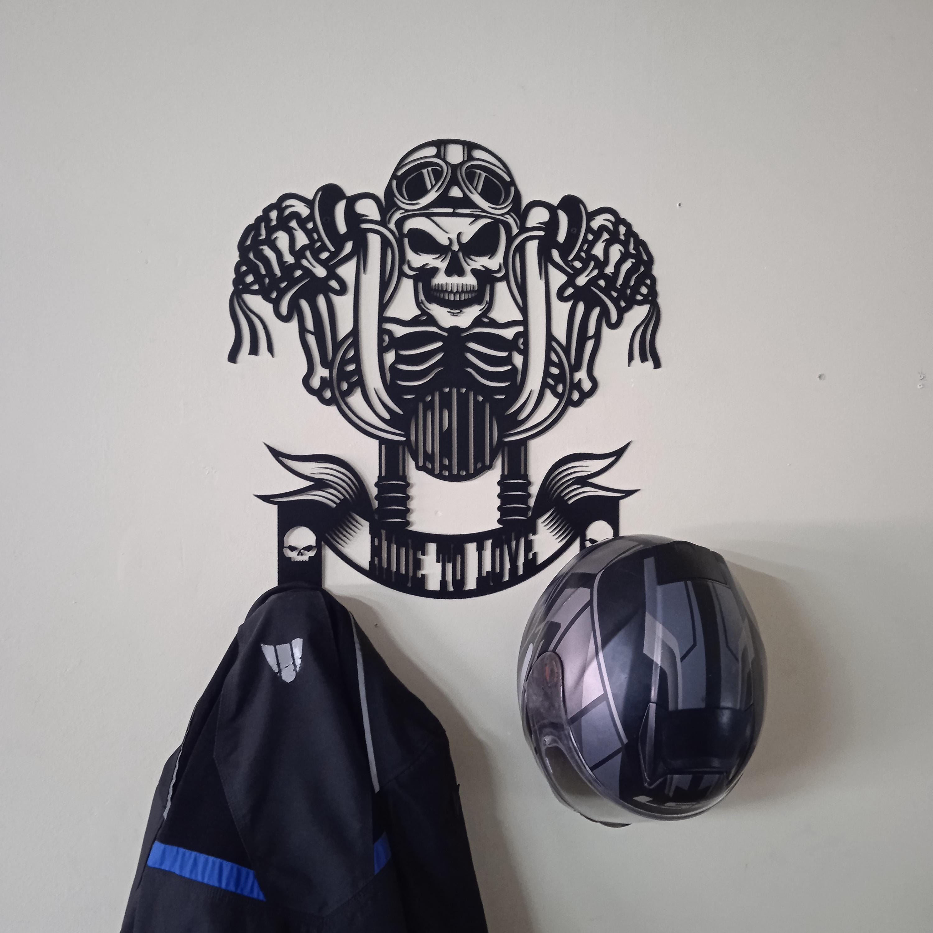Ride To Love, Motorcycle Skull Metal Helmet Holder, Harley Davidson Gifts, Motorcycle Garage Accessories, Garage Decor, Mancave Decor Sign