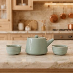 May include: A light sage green ceramic teapot with a tall, thin, gold-toned metal handle and a matching lid, accompanied by two small, round, light sage green ceramic tea cups, all arranged on a smooth, light-coloured stone surface.