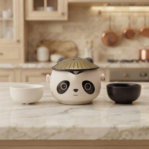 Könnte beinhalten: Eine Keramik-Teekanne in Panda-Form mit einem konischen Deckel, der an einen Strohhut erinnert, sowie schwarzen Augenpartien und einer kleinen Nase. Sie wird von einer schlichten weißen Schale links und einer schwarzen Schale rechts flankiert.