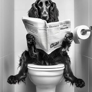 Cartoon Dog On Toilet Reading Newspaper – Funny, Cute Black-themed Bathroom Wall Art. Digital Download.