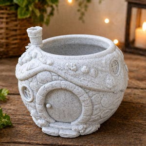 Peut inclure: Un pot de fleurs en céramique grise et mouchetée en forme de maison de fées fantaisiste. Il présente une porte ronde, de petites fenêtres et une cheminée. La surface texturée ajoute au thème fantastique.