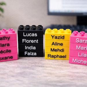 Può includere: Quattro pile di mattoncini da costruzione in plastica a incastro di colore rosa, nero e giallo. Ogni mattoncino riporta un nome stampato: Cathy, Clara, Cécile, Roxane, Lucas, Florent, India, Falza, Yazid, Aline, Mehdi, Raphaël, Sarah, Marie, Lila e Michelle.
