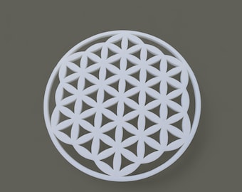 Könnte beinhalten: Ein weißes, kreisförmiges Objekt mit dem Flower-of-Life-Muster. Das Design besteht aus sich überlappenden Kreisen, die ein symmetrisches Blumenmuster bilden. Das Objekt befindet sich vor einem grauen Hintergrund, der das Design hervorhebt.