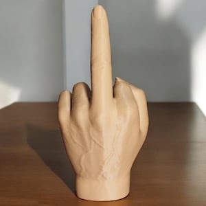 Peut inclure: Modèle de main imprimé en 3D faisant un doigt d'honneur. La main est de couleur brun clair et présente des détails réalistes.