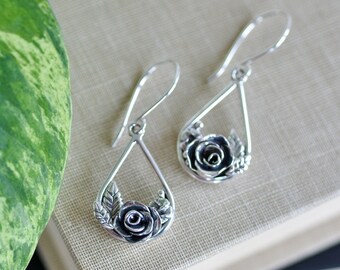 Sterling silver rose earrings, handmade teardrop rose flower earrings,  one of a kind silver rose jewelry, rose garden statement earrings