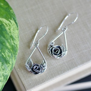 Sterling silver rose earrings, handmade teardrop rose flower earrings,  one of a kind silver rose jewelry, rose garden statement earrings