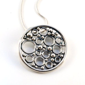 Pomegranate pendant handmade in solid sterling silver with or without dark patina unique bubble necklace in circle design in size large image 1