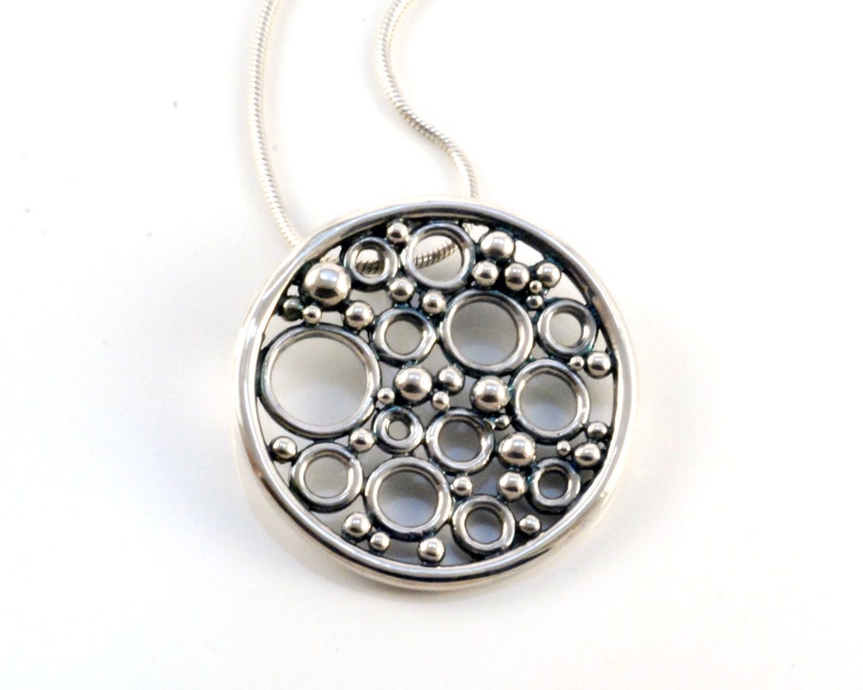 Pomegranate pendant handmade in solid sterling silver with or without dark patina unique bubble necklace in circle design in size large image 1