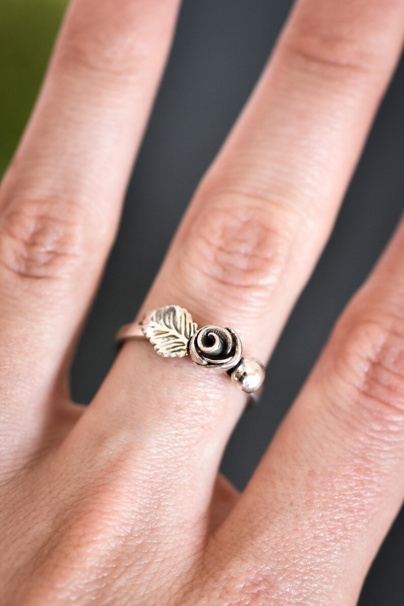 one of a kind flower ring handmade in solid sterling silver precious metal clay Sterling Rose bud and leaf ring in size 8 14