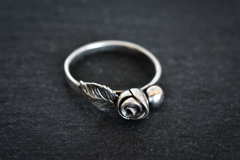 one of a kind flower ring handmade in solid sterling silver precious metal clay Sterling Rose bud and leaf ring in size 8 14