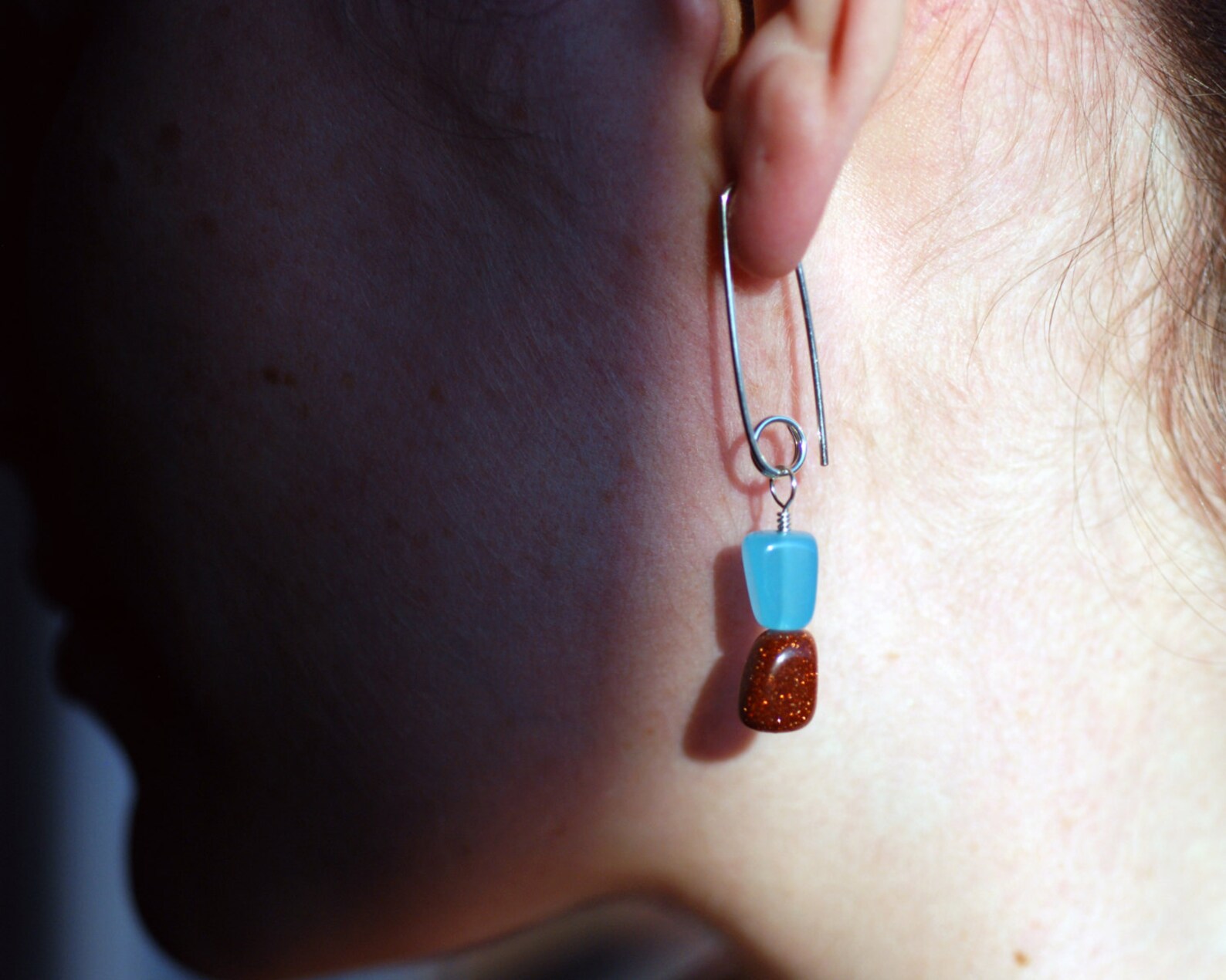 Goldstone And Blue Quartz Nugget Drop Earrings Sterling Etsy