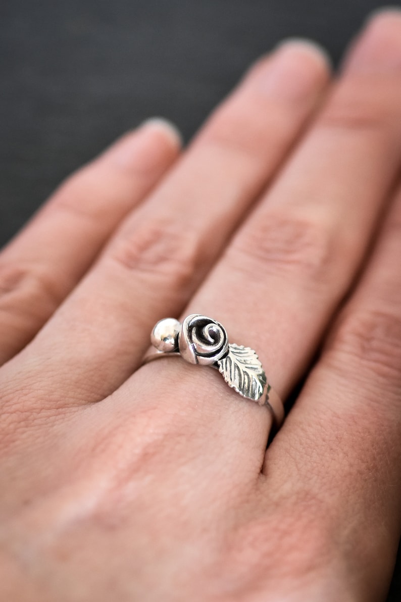 one of a kind flower ring handmade in solid sterling silver precious metal clay Sterling Rose bud and leaf ring in size 8 14
