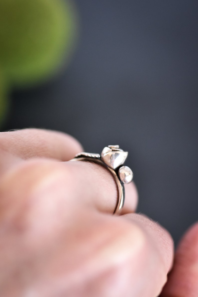 one of a kind flower ring handmade in solid sterling silver precious metal clay Sterling Rose bud and leaf ring in size 8 14