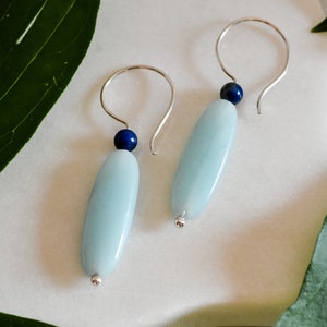 Teal statement earrings orange quartz & sterling silver Oval teal earrings handmade using light blue Amazonite beads amazonite earrings