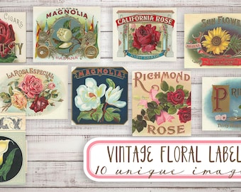 Vintage FLORAL LABELS -  10 individual images