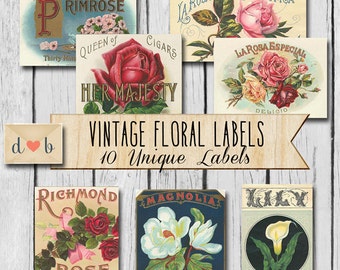 Vintage FLORAL LABELS - Digital Collage Sheets & 10 individual images