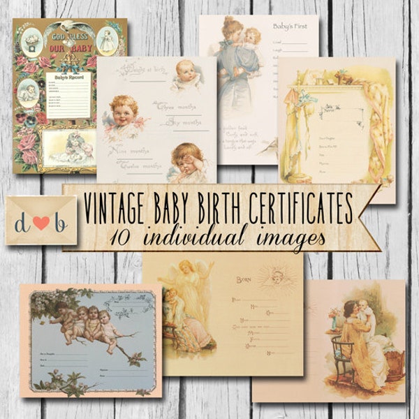 Vintage BABY BIRTH CERTIFICATES -  10 individual images