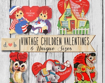Vintage Children Valentines - Digital Collage Sheet & Ephemera- 6 Unique Images