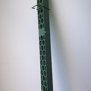 Może przedstawiać: Ciemnozielony, prostokątny palik ogrodowy z ostrym zakończeniem. Palik ma wzór plastra miodu na całej długości i mały haczyk. Zaprojektowany do umieszczania w ziemi w celu podpierania roślin.