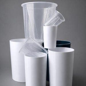 Könnte beinhalten: Eine Ansammlung zylindrischer Behälter in verschiedenen Größen und Materialien, darunter mehrere undurchsichtige weiße Kunststoffgefäße, ein dunkelblaues Gefäß und zwei klare, transparente Kunststoffbecher, die zwischen den Gefäßen gestapelt sind.