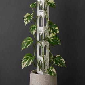 Op de afbeelding: Een wit, 3D-geprint plantenrek in de vorm van een hoge, smalle gotische toren met spitsbogen en ingewikkeld maaswerk. Het rek is geplaatst in een gespikkelde, lichtgrijze cilindrische plantenbak met een bonte pothosplant erin.