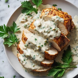 Peut inclure: Poitrine de poulet tranchée avec une sauce blanche crémeuse, garnie de persil frais, sur une assiette blanche. Le poulet a une croûte dorée et est partiellement tranché, révélant la viande tendre. La sauce est parsemée d'herbes vertes.