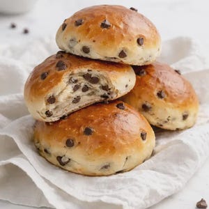 May include: A stack of four golden-brown chocolate chip buns, one partially bitten, revealing the soft interior and chocolate chips. The buns rest on a white cloth, with a small bowl of butter in the background.