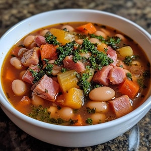 May include: A white bowl filled with a hearty soup containing white beans, ham, carrots, and squash. The soup is topped with chopped parsley.