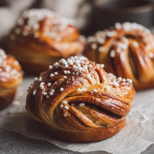 Könnte beinhalten: Nahaufnahme mehrerer goldbrauner, gebackener Backwaren, die jeweils spiralförmig gewirbelt sind. Die Backwaren sind mit weißem, granuliertem Zucker bestreut. Das Bild ist auf einer hellen Oberfläche mit weicher Beleuchtung aufgenommen.