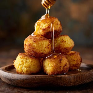 Peut inclure: Une pyramide de boules de pâte frites, dorées et rondes, sur une assiette en bois. Du miel est versé sur le dessus, créant un effet brillant. La nourriture est d'une couleur chaude et invitante, suggérant une gâterie sucrée.