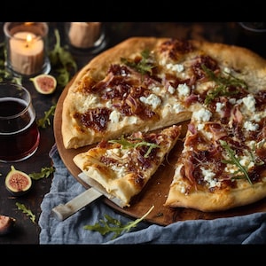 Può includere: Una pizza gourmet con cipolle caramellate, formaggio di capra e rucola su un tagliere di legno. Una fetta viene sollevata con una paletta per pizza. Fichi, un bicchiere di vino rosso e una candela accesa sullo sfondo.