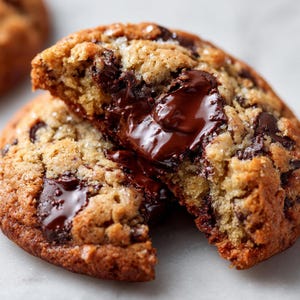Peut inclure: Gros plan sur un cookie aux pépites de chocolat coupé en deux, révélant un cœur de chocolat fondu. Le cookie a un extérieur brun doré avec des pépites de chocolat visibles et une pincée de sucre grossier.