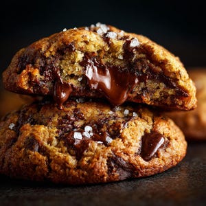 Peut inclure: Deux cookies aux pépites de chocolat empilés avec une surface dorée et texturée. Le cookie du dessus est cassé en deux, révélant un centre fondant au chocolat noir. Les deux cookies sont parsemés de gros cristaux de sel marin blanc.