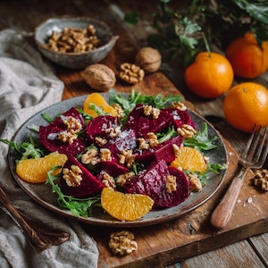 Peut inclure: Une assiette de salade de betteraves avec des tranches d'orange et des noix. Les betteraves sont d'un rouge profond, et les oranges sont d'un orange vif. La salade est garnie de roquette. Un bol de noix et des oranges entières sont en arrière-plan.