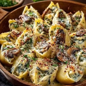 Peut inclure: Un bol en bois rempli de grosses pâtes en forme de coquilles farcies d'une crème au fromage et aux épinards, garnies de champignons bruns sautés, d'herbes fraîches et de flocons de piment rouge, dans un plat de service rustique.